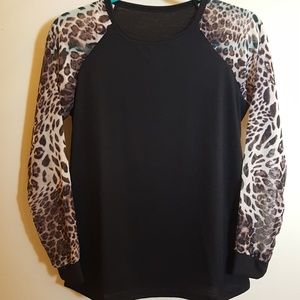 Black Baseball Tee with Sheer Leopord Sleeves